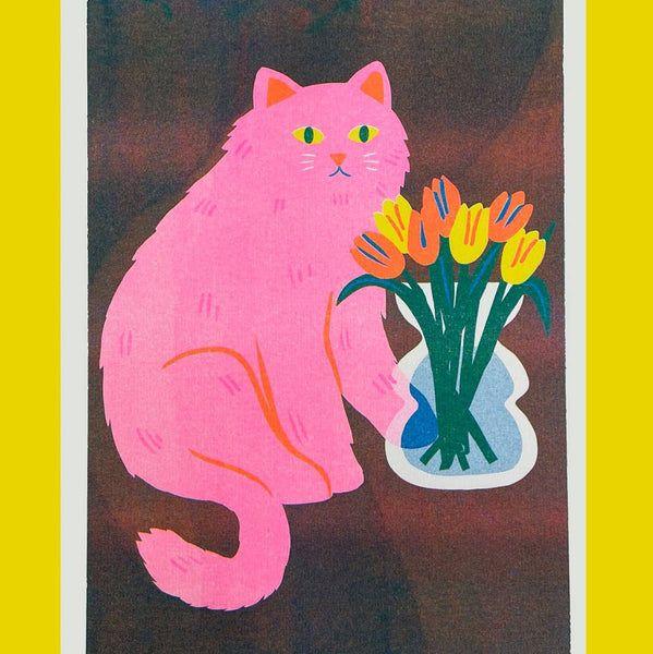 Cat with Flowers Riso Print