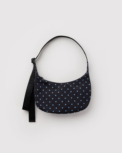 Small Nylon Crescent Bag - Black And Sky Blue Micro Dot