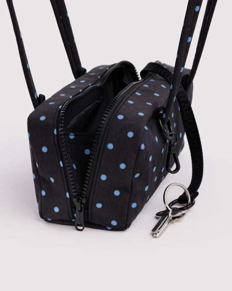 Small Nylon Bowler Bag - Black And Sky Blue Micro Dot