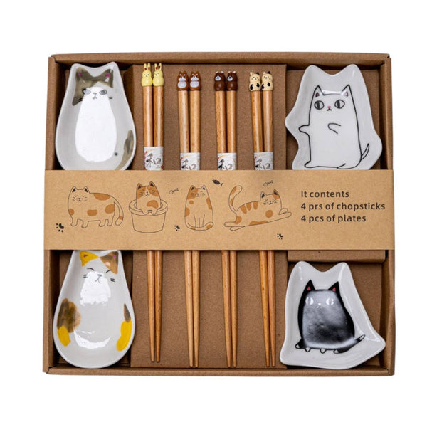 Cats Wooden Chopsticks and Sauce Dish Set