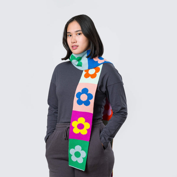 Flower Block Skinny Knit Scarf - Rainbow