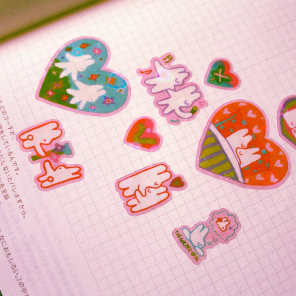 'Bunnies in Love' Heart Holo Transparent Sticker Sheet