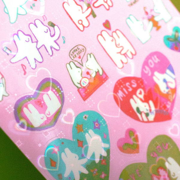 'Bunnies in Love' Heart Holo Transparent Sticker Sheet