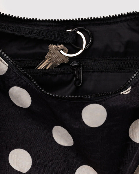 Medium Nylon Crescent Bag - Black And Cream Polka Dot