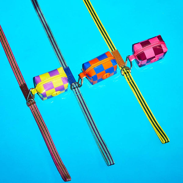 Checkered Vinyl Poo Bag Pouch - Yellow/ Purple