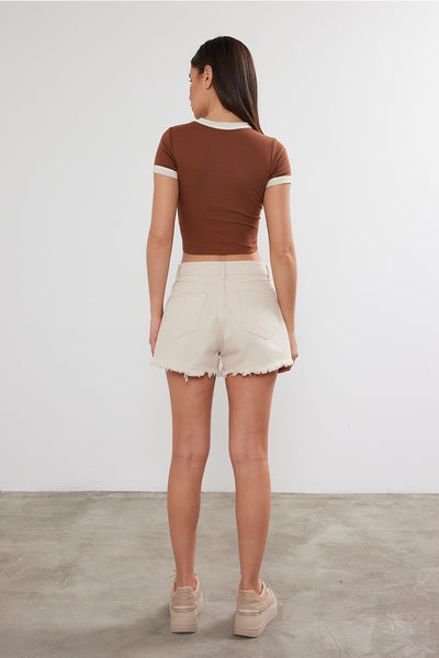 Women's Blank Two Tone Basic Crop Top - Brown
