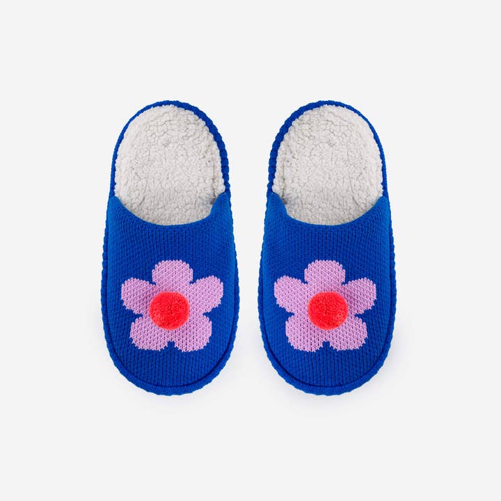 Flower Pom Slide Slippers - Cobalt