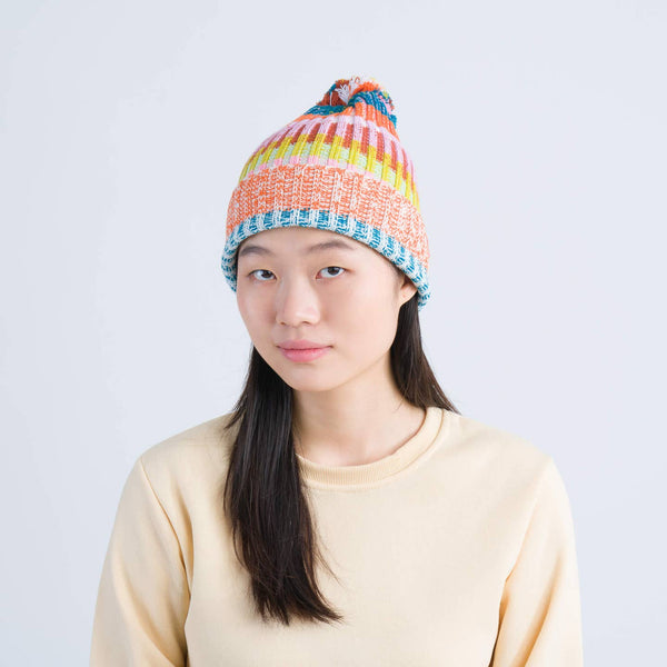 Mosaic Stripe Pom Beanie - Rust Lilac