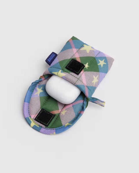 Puffy Earbuds Case - Green Star Plaid