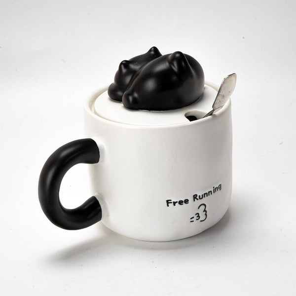 Black Cat Mug with Lid and Spoon