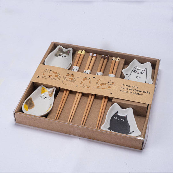 Cats Wooden Chopsticks and Sauce Dish Set