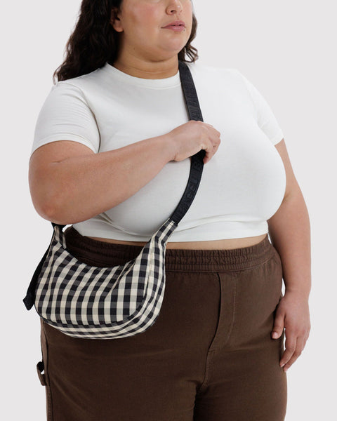 Small Nylon Crescent Bag - Black & Cream Gingham
