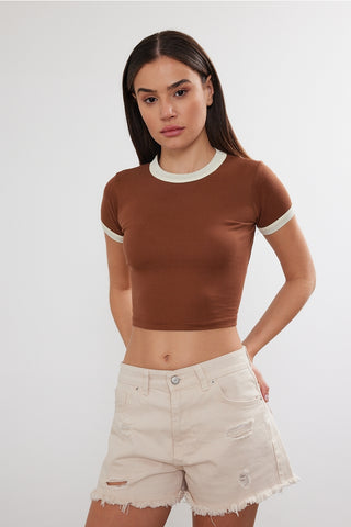 Women's Blank Two Tone Basic Crop Top - Brown