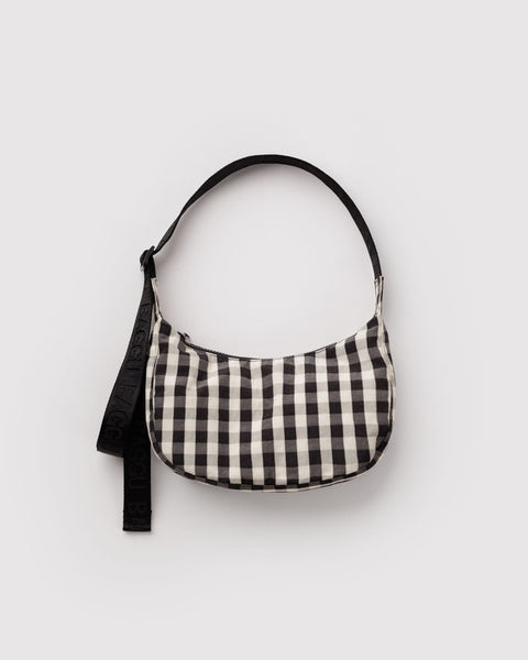 Small Nylon Crescent Bag - Black & Cream Gingham