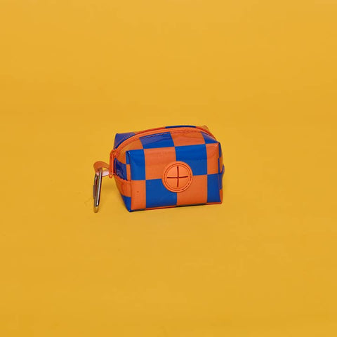 Checkered Vinyl Poo Bag Pouch - Blue/Orange