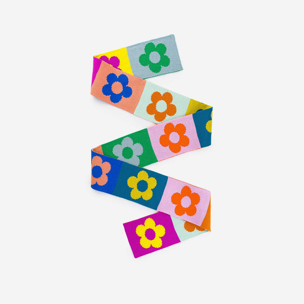 Flower Block Skinny Knit Scarf - Rainbow