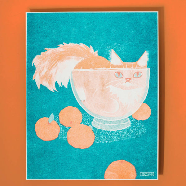 Orange Cat in A Bowl Risograph Print