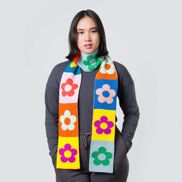 Flower Block Skinny Knit Scarf - Rainbow