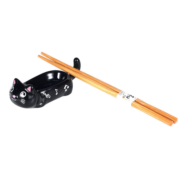Neko Friends Cat Sauce Dish and Chopsticks Rest - Black