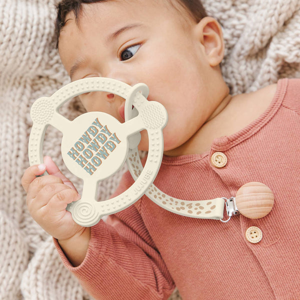 Silicone Teether Ring with Detachable Clip - Howdy Partner Blue