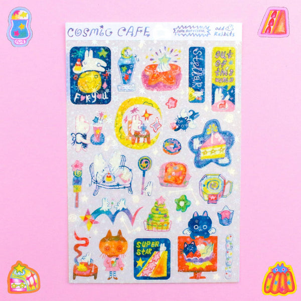 'Cosmic Cafe' A6 Star Holo Transparent Sticker Sheet