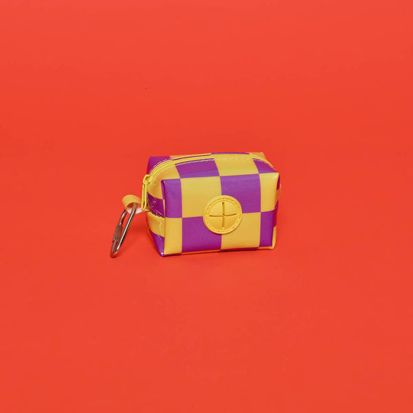 Checkered Vinyl Poo Bag Pouch - Yellow/ Purple
