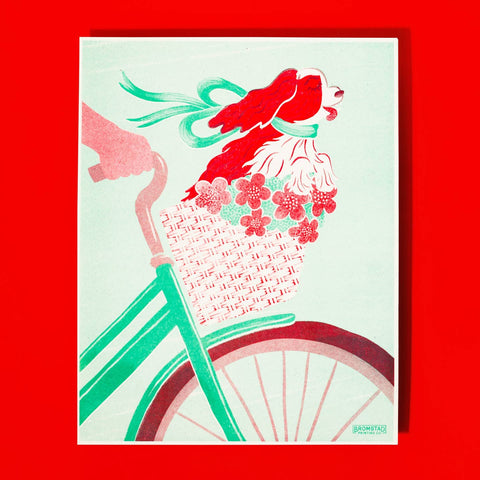 Dog in A Bike Basket Risograph Print