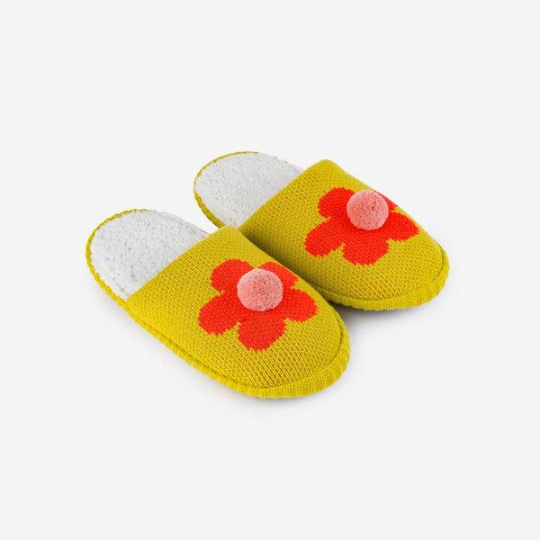 Flower Pom Slide Slippers - Golden Olive