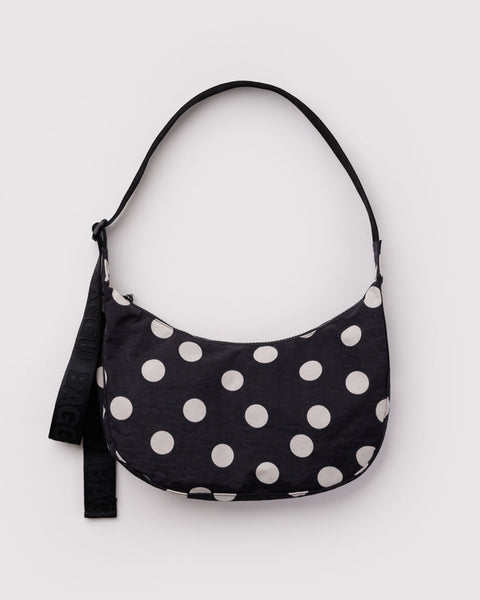 Medium Nylon Crescent Bag - Black And Cream Polka Dot