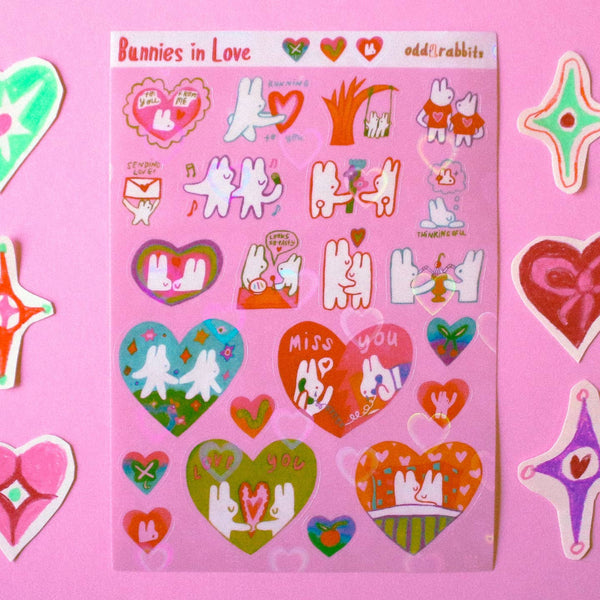 'Bunnies in Love' Heart Holo Transparent Sticker Sheet