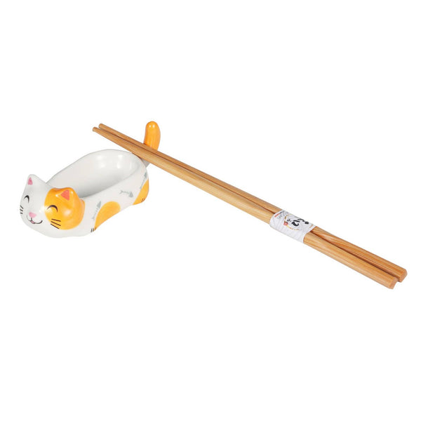 Neko Friends Cat Sauce Dish and Chopsticks Rest - White