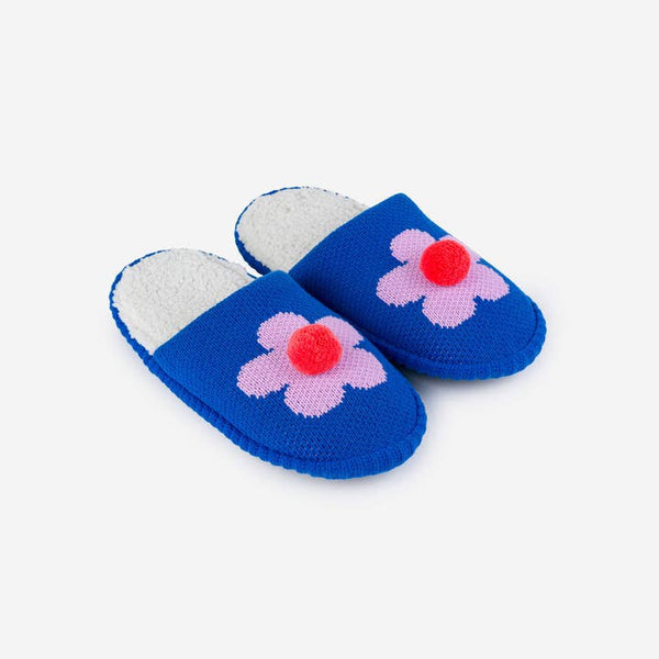 Flower Pom Slide Slippers - Cobalt