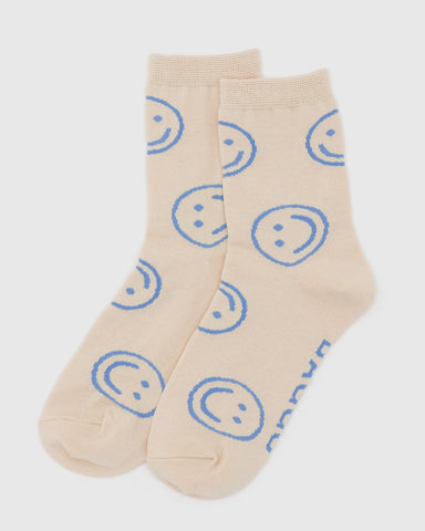 Crew Socks - Ecru Periwinkle Happy