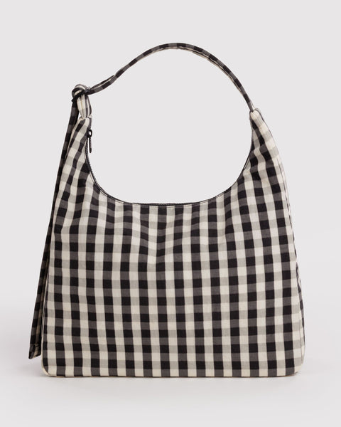 Nylon Shoulder Bag - Black and Cream Gingham