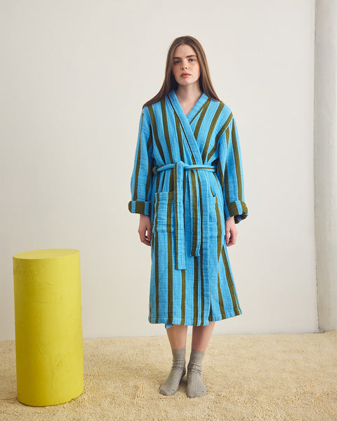Stripe Waffle Bathrobe - Cool