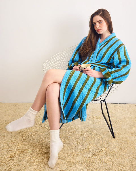 Stripe Waffle Bathrobe - Cool
