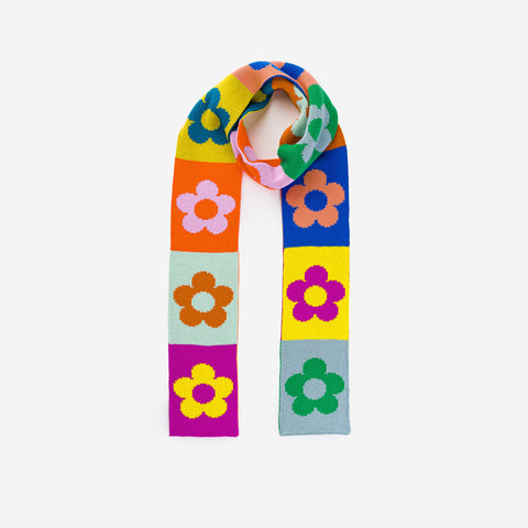 Flower Block Skinny Knit Scarf - Rainbow