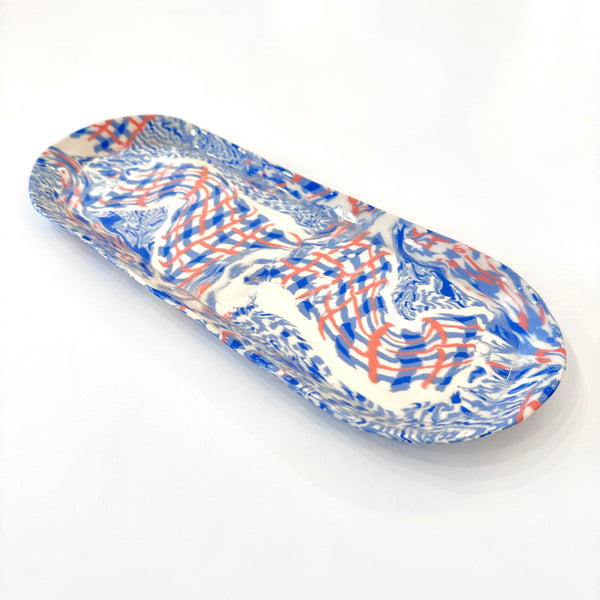 Nerikomi Ceramic Long Plate - Blue Glitchy Gingham