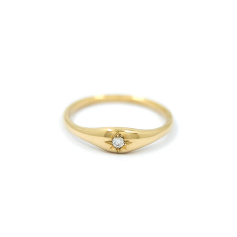 Dome Ring with White Diamond - 14K Yellow Gold