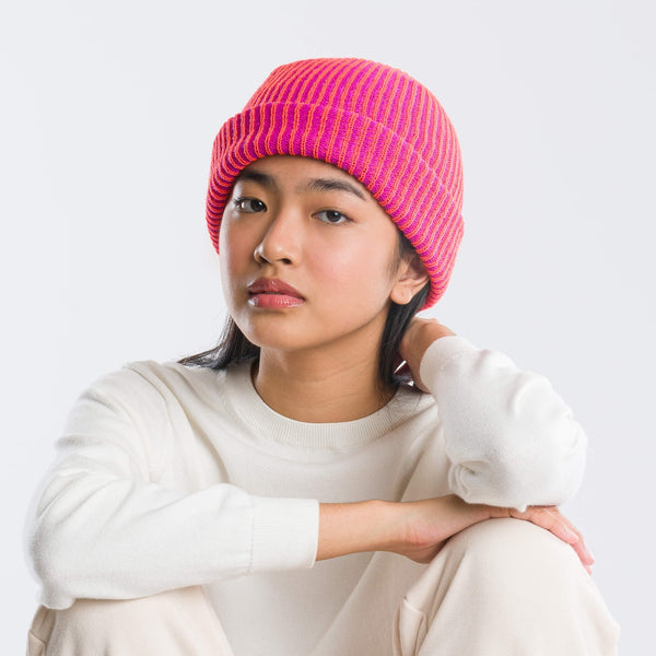 Simple Grid Knit Beanie - Poppy Magenta