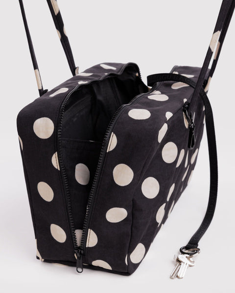 Medium Nylon Bowler Bag - Black And Cream Polka Dot