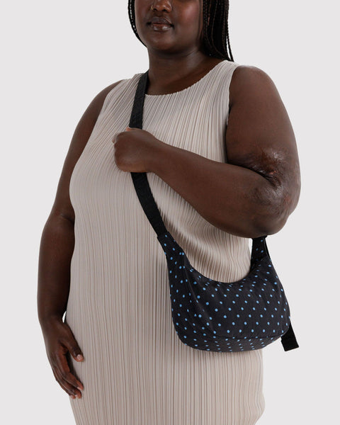 Small Nylon Crescent Bag - Black And Sky Blue Micro Dot