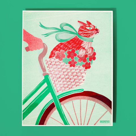 Cat in A Bike Basket Risograph Print