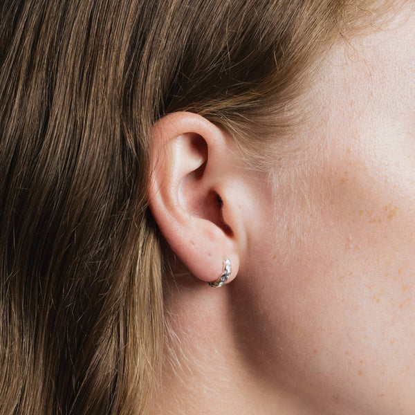 Organic Huggie Hoops in Sterling Silver