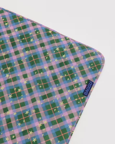Puffy Picnic Blanket - Green Star Plaid