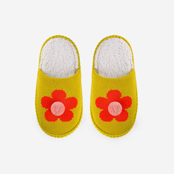 Flower Pom Slide Slippers - Golden Olive