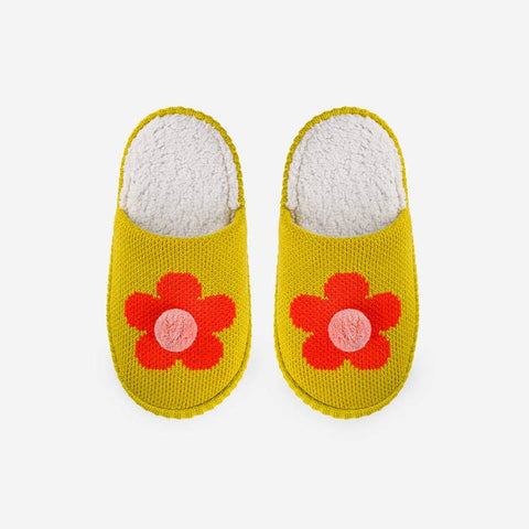 Flower Pom Slide Slippers - Golden Olive