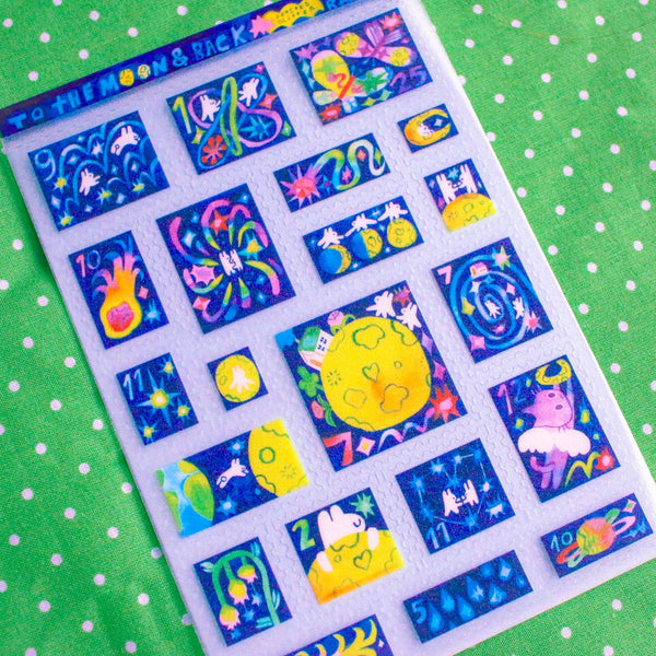 'To the Moon & Back' Frosted Glitter A6 Stamp Sticker Sheet