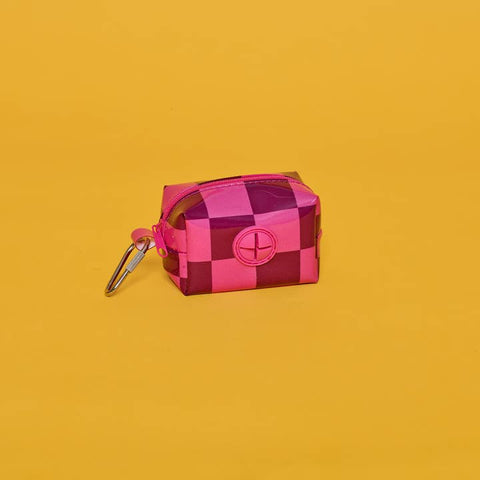 Checkered Vinyl Poo Bag Pouch - Pink/Burgundy