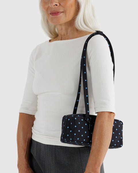 Small Nylon Bowler Bag - Black And Sky Blue Micro Dot